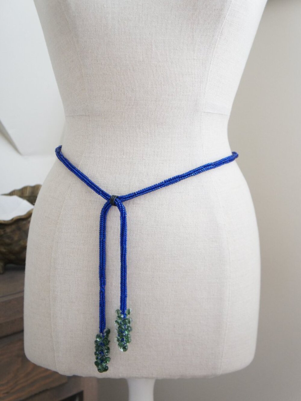 Vintage Blue & Green Long Adjustable Beaded Rope Belt or Necklace